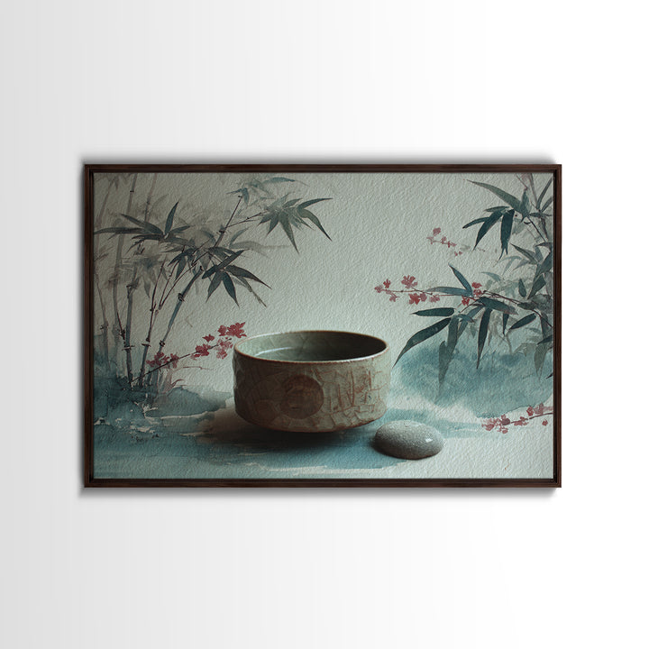 Tea Bowl and Steam Still Life on Framed Canvas Print, Asian Inspired Art, Aesthetic Wall Art, Living Room Decor, Harmony, ASI-3x2-19