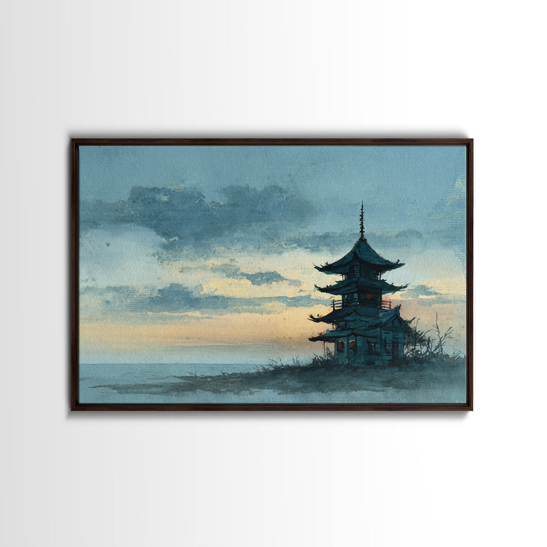 Pagoda Silhouette at Sunset Framed Canvas Print, Asian Inspired Art, Neutral Decor, Living Room Decor, Fine Art, Harmony, ASI-3x2-39