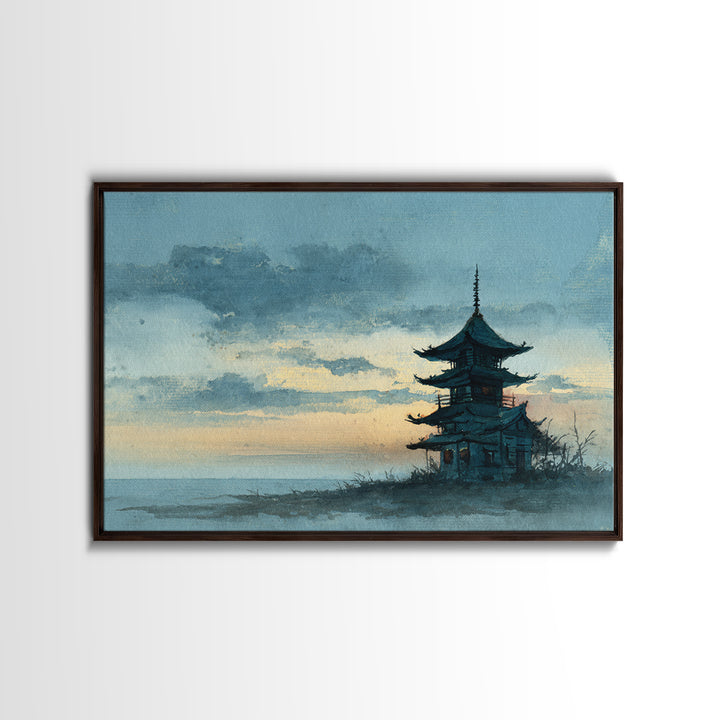 Pagoda Silhouette at Sunset Framed Canvas Print, Asian Inspired Art, Neutral Decor, Living Room Decor, Fine Art, Harmony, ASI-3x2-39
