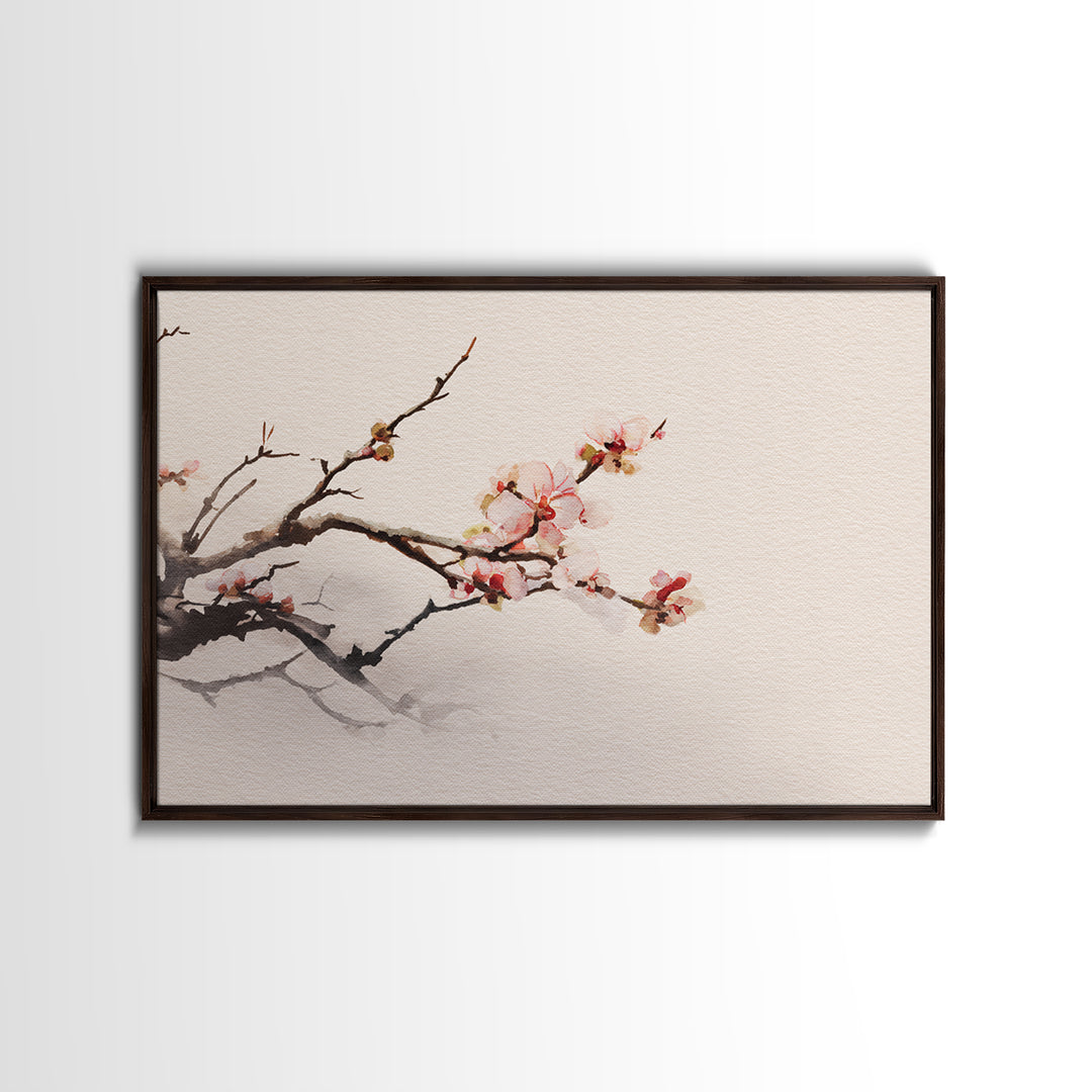 Plum Blossom Branch Painted Framed Canvas Print, Asian Inspired Art, Indian Art, Living Room Decor, Watercolor Art, Harmony, ASI-3x2-40