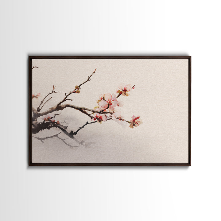 Plum Blossom Branch Painted Framed Canvas Print, Asian Inspired Art, Indian Art, Living Room Decor, Watercolor Art, Harmony, ASI-3x2-40