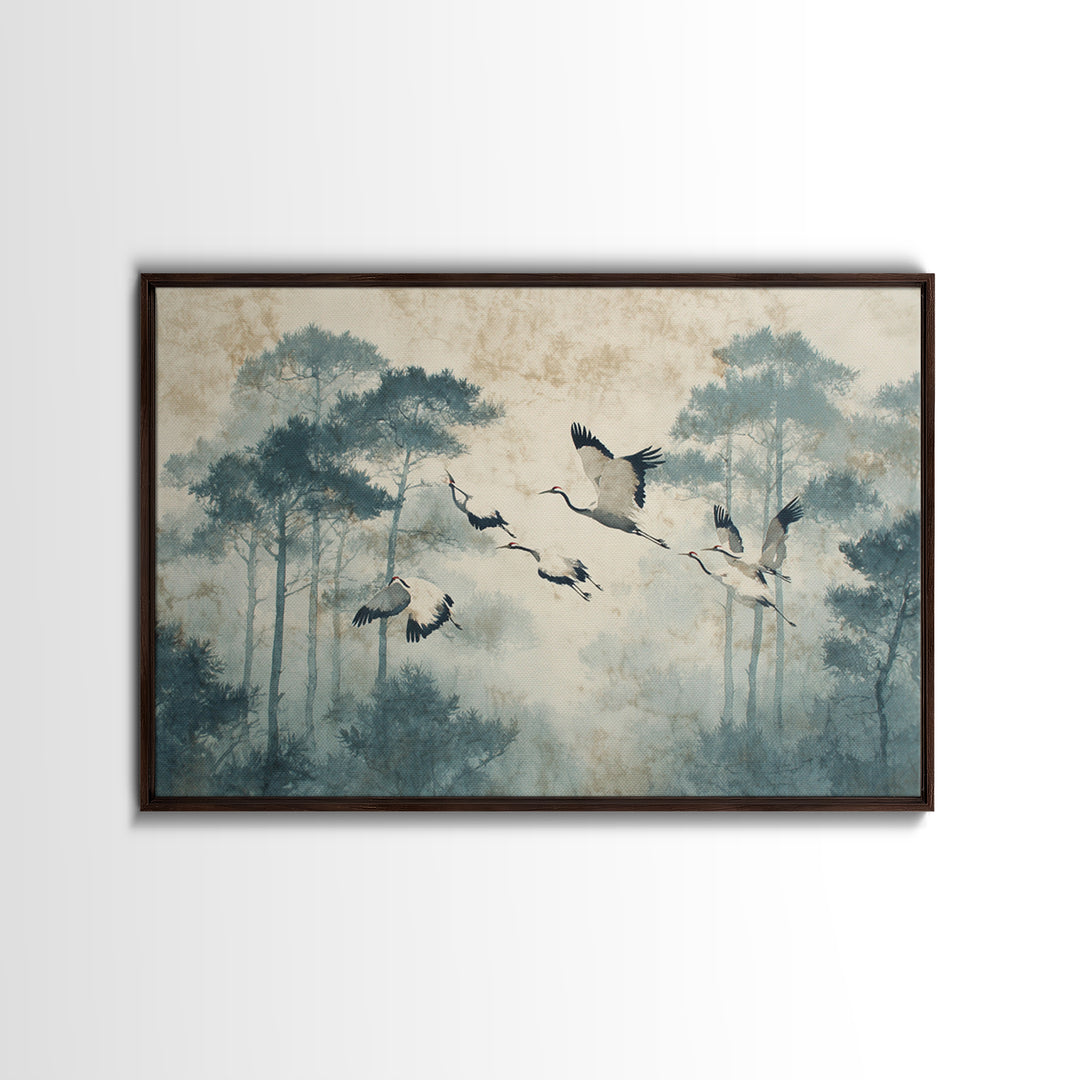 Red Crowned Cranes Flying Through Misty Pine Framed Canvas Print, Asian Inspired Art, Indian Art, Living Room Decor, Harmony, ASI-3x2-5