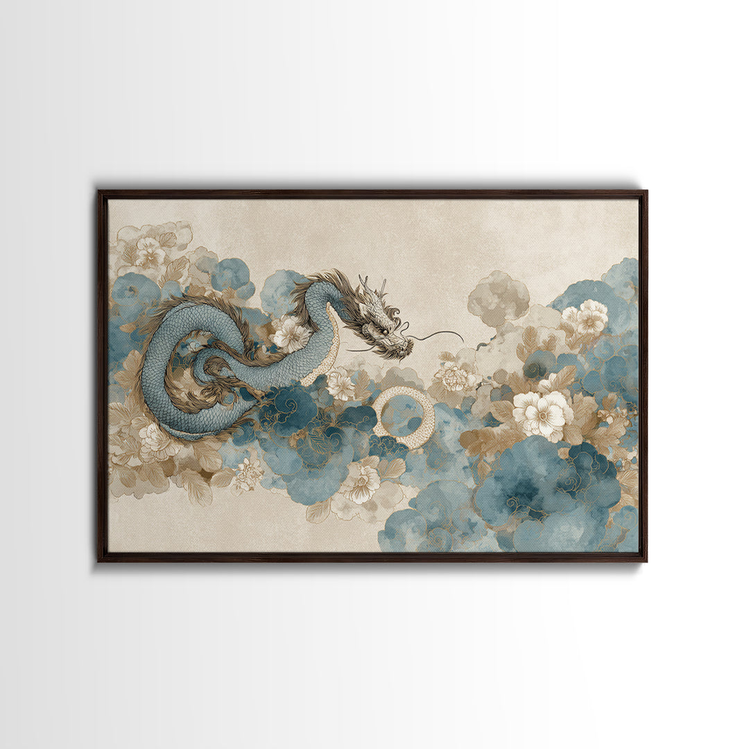 Dragon Curling Through Clouds Canvas Print, Asian Inspired Art, Spiritual Wall Art, Living Room Decor, Oil Painting, Harmony, ASI-3x2-89