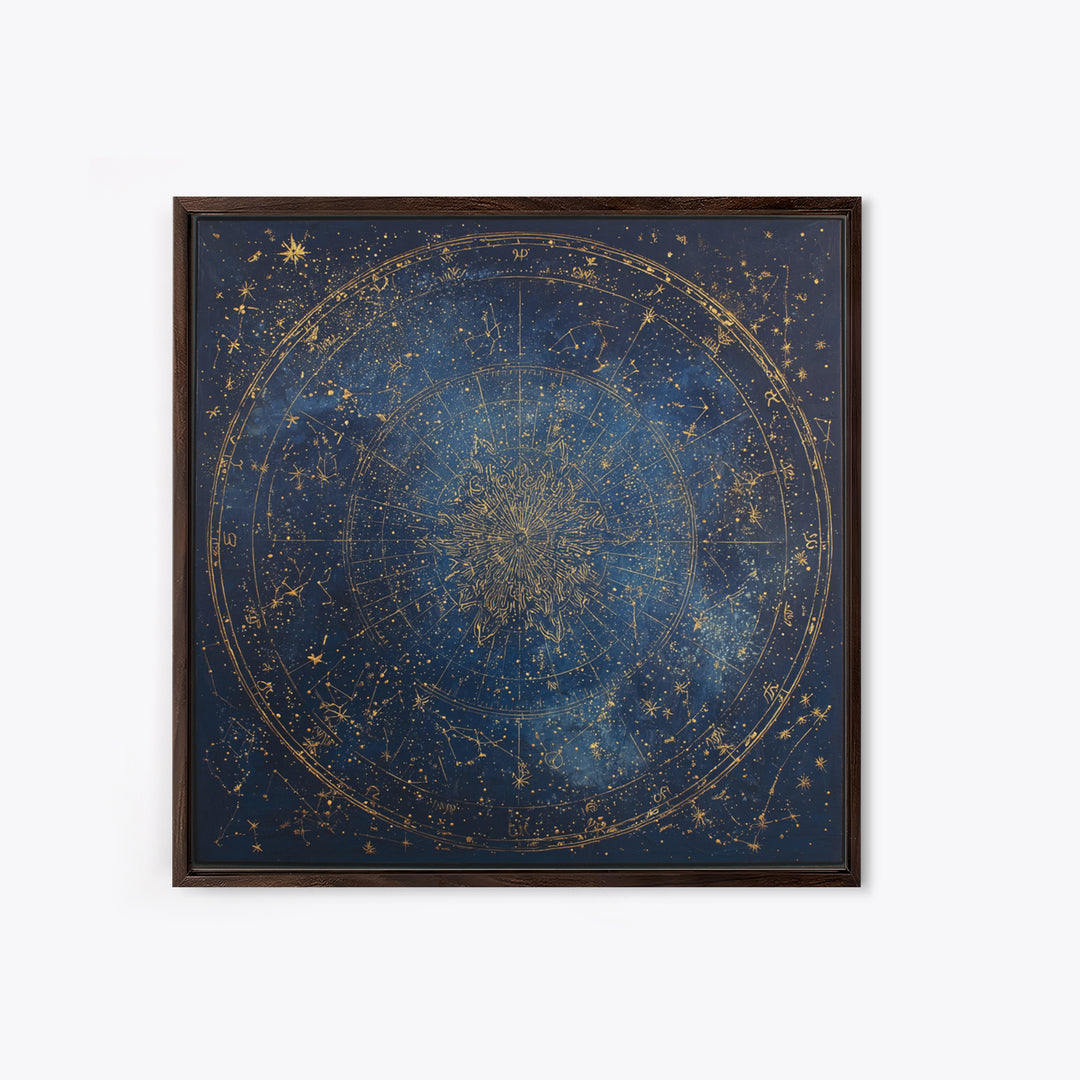 Gold Zodiac Wheel on Deep Midnight Blue Framed Canvas Print, Astrology Art, Neutral Decor, Living Room Decor, Fine Art, Zodiac, AST-1x1-1