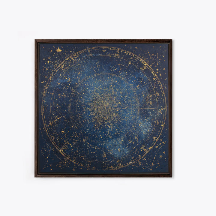 Gold Zodiac Wheel on Deep Midnight Blue Framed Canvas Print, Astrology Art, Neutral Decor, Living Room Decor, Fine Art, Zodiac, AST-1x1-1
