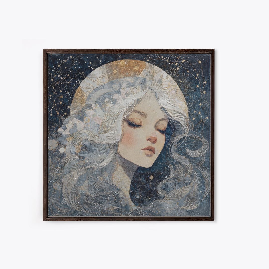 Moon Goddess with Flowing Hair and Constellations Canvas Print, Astrology Art, Celestial Wall Art, Living Room Decor, Zodiac, AST-1x1-27