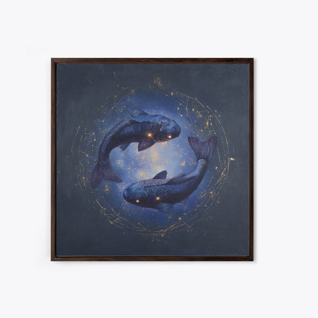 Cosmic Fish Pair Circling a Moonlit Pool Framed Canvas Print, Astrology Art, Dtf Print, Living Room Decor, Fine Art, Zodiac, AST-1x1-47