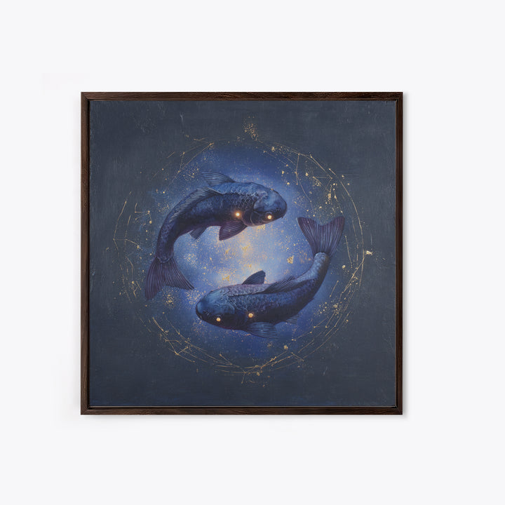 Cosmic Fish Pair Circling a Moonlit Pool Framed Canvas Print, Astrology Art, Dtf Print, Living Room Decor, Fine Art, Zodiac, AST-1x1-47