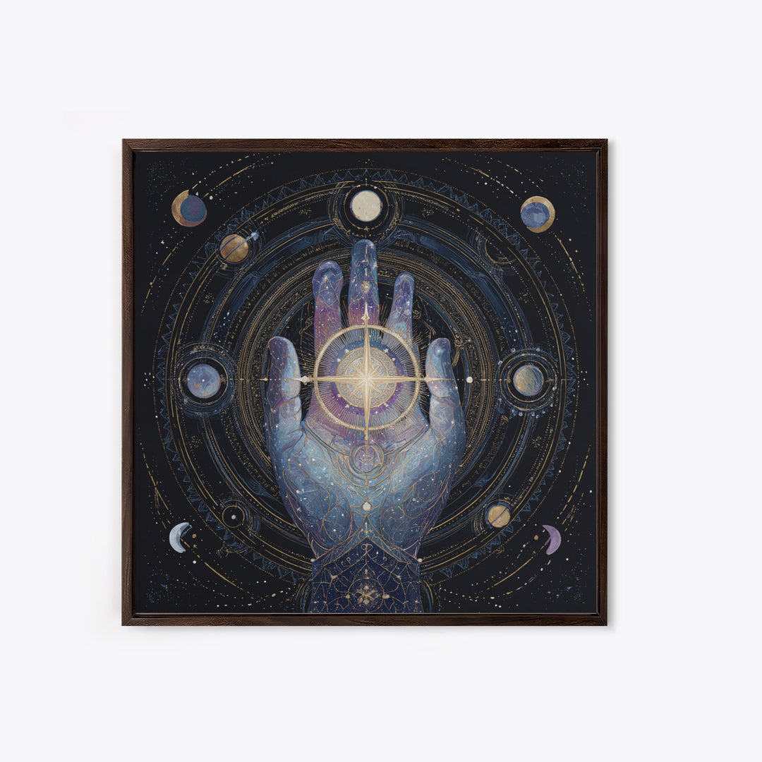 Tarot Cosmic Hand Holding a Glowing Star Framed Canvas Print, Astrology Art, Fine Art Print, Living Room Decor, Zodiac, AST-1x1-78
