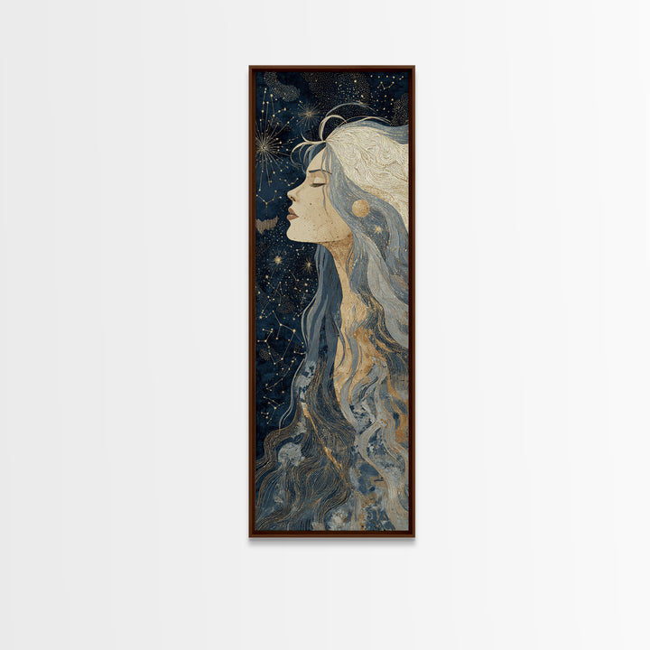 Moon Goddess with Flowing Hair and Constellations Framed Canvas Print, Astrology Art, Boho Decor, Living Room Decor, Zodiac, AST-1x3-15