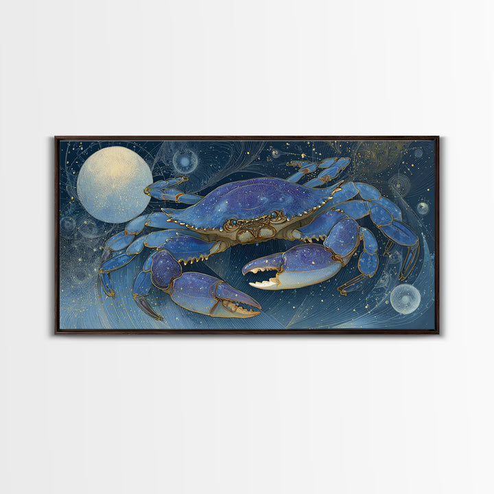 Celestial Crab under Glowing Ocean Moonlight Framed Canvas Print, Astrology Art, Room Decor, Living Room Decor, Zodiac, AST-2x1-12