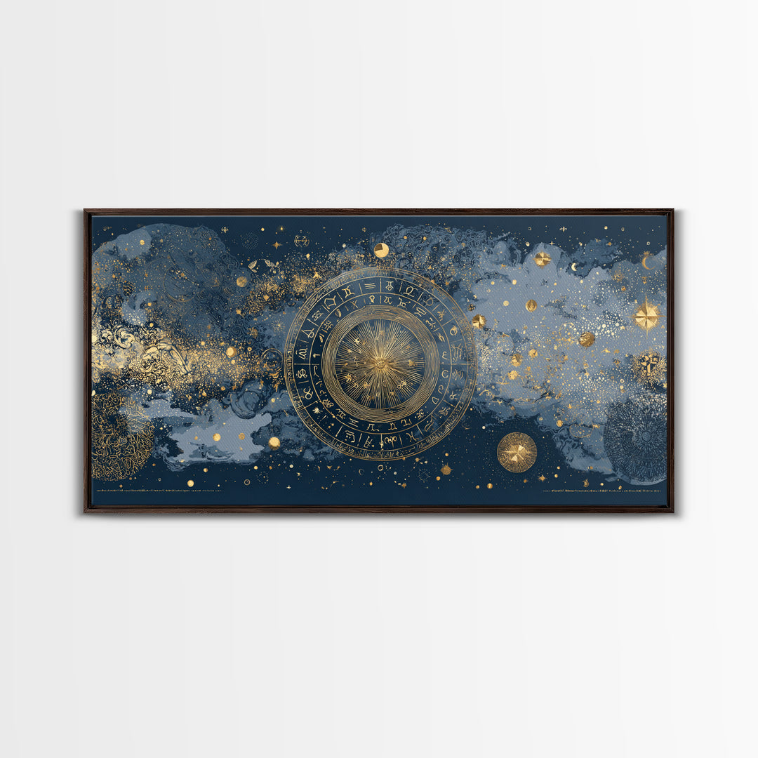 Gold Zodiac Wheel on Deep Midnight Blue Canvas Print, Astrology Art, Digital Wall Art, Living Room Decor, Oil Painting, Zodiac, AST-2x1-21