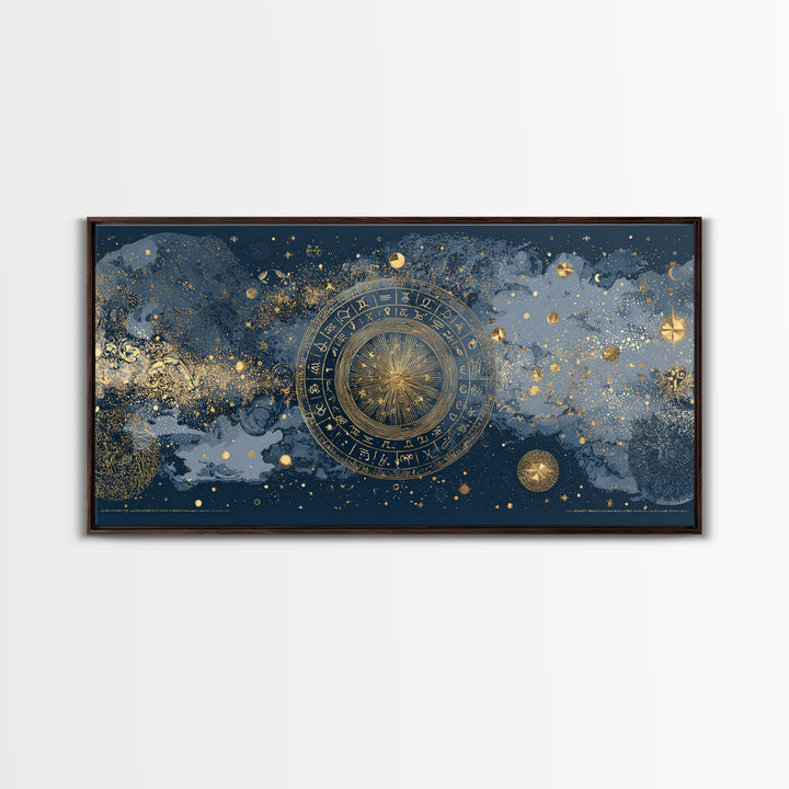 Gold Zodiac Wheel on Deep Midnight Blue Canvas Print, Astrology Art, Digital Wall Art, Living Room Decor, Oil Painting, Zodiac, AST-2x1-21