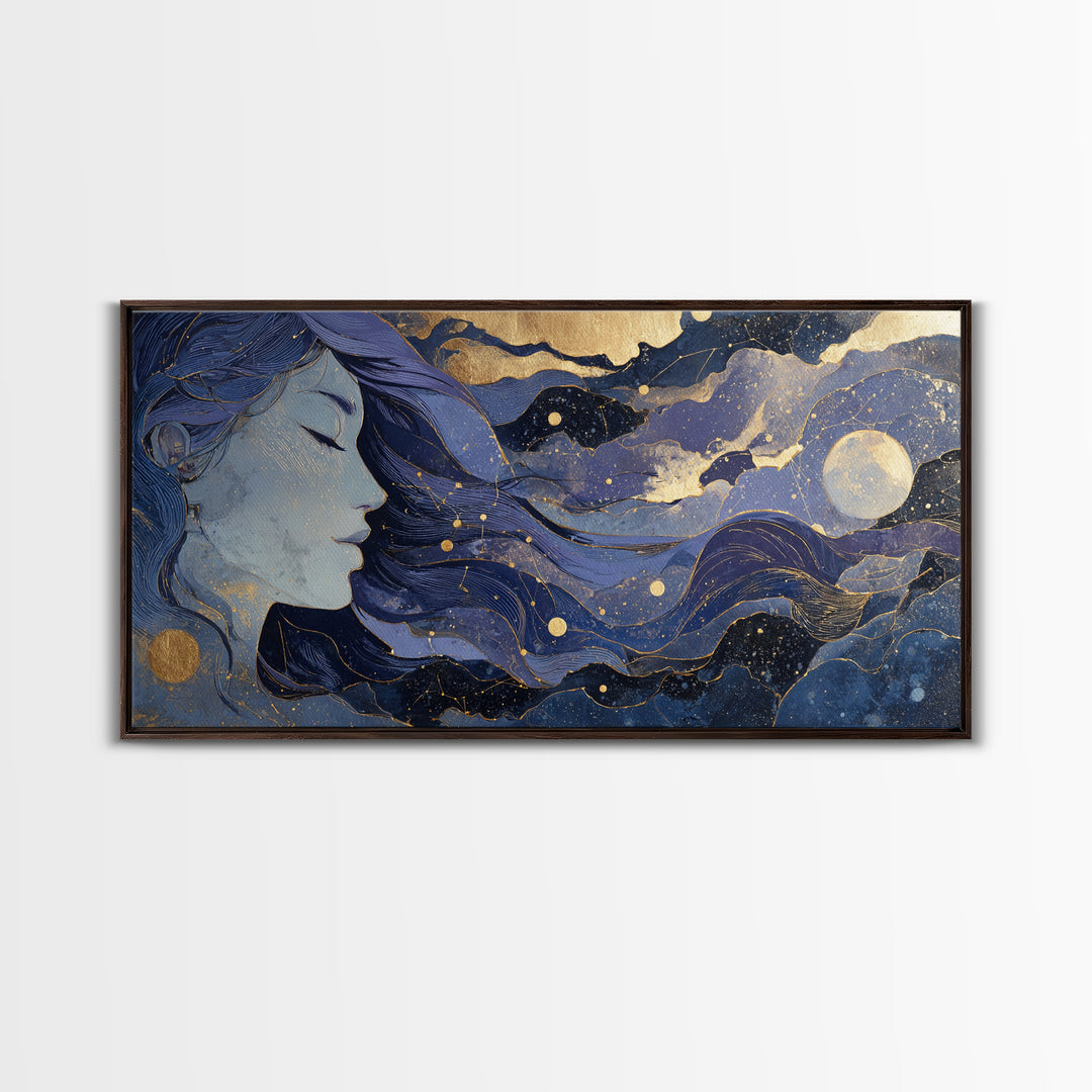 Moon Goddess with Flowing Hair and Constellations Framed Canvas Print, Astrology Art, Astrology, Living Room Decor, Zodiac, AST-2x1-23