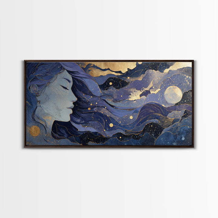 Moon Goddess with Flowing Hair and Constellations Framed Canvas Print, Astrology Art, Astrology, Living Room Decor, Zodiac, AST-2x1-23