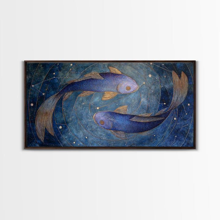 Cosmic Fish Pair Circling a Moonlit Pool Framed Canvas Print, Astrology Art, Art Nouveau, Living Room Decor, Fine Art, Zodiac, AST-2x1-43