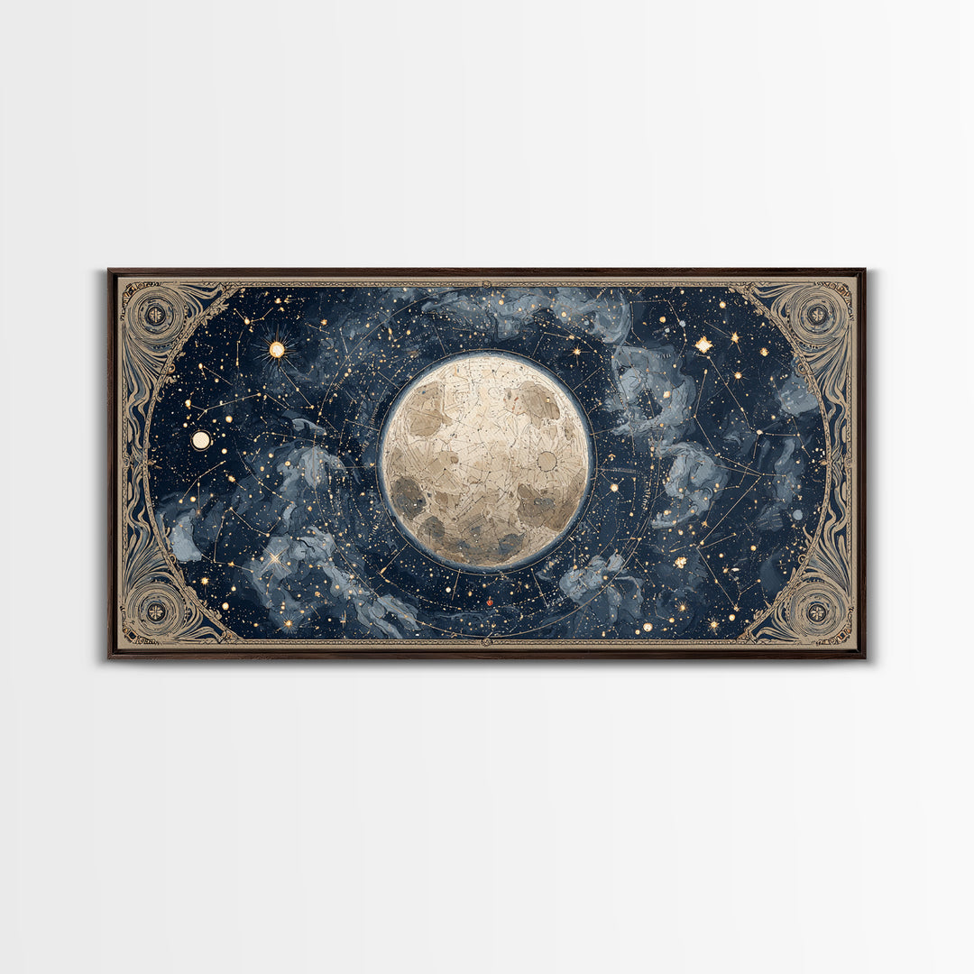 Retro Horoscope Chart Framed Canvas Print, Astrology Art, Boho Decor, Living Room Decor, Abstract Art, Zodiac, AST-2x1-65
