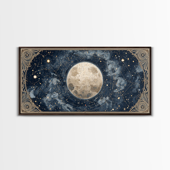 Retro Horoscope Chart Framed Canvas Print, Astrology Art, Boho Decor, Living Room Decor, Abstract Art, Zodiac, AST-2x1-65