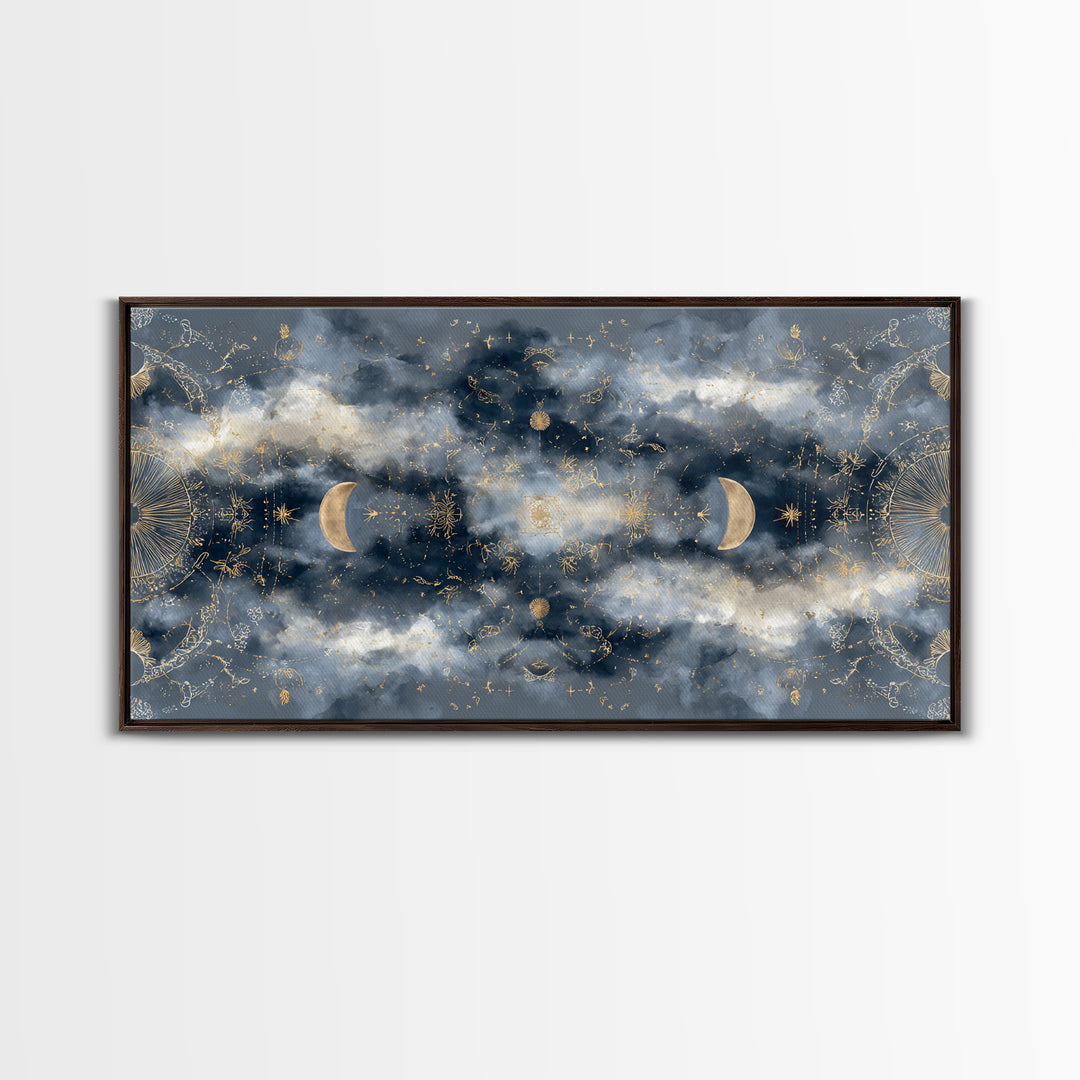 Celestial Twins Surrounded by Mirrored Moons Canvas Print, Astrology Art, Astrology Gifts, Living Room Decor, Oil Painting, AST-2x1-77