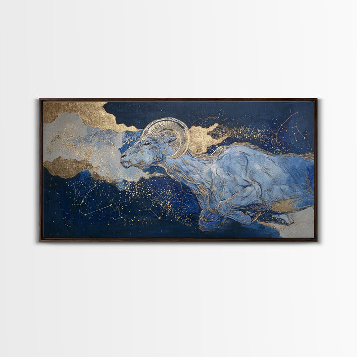 Capricorn Sea Goat Emerging from Cosmic Waves Framed Canvas Print, Astrology Art, Zodiac Sign Print, Living Room Decor, Zodiac, AST-2x1-87