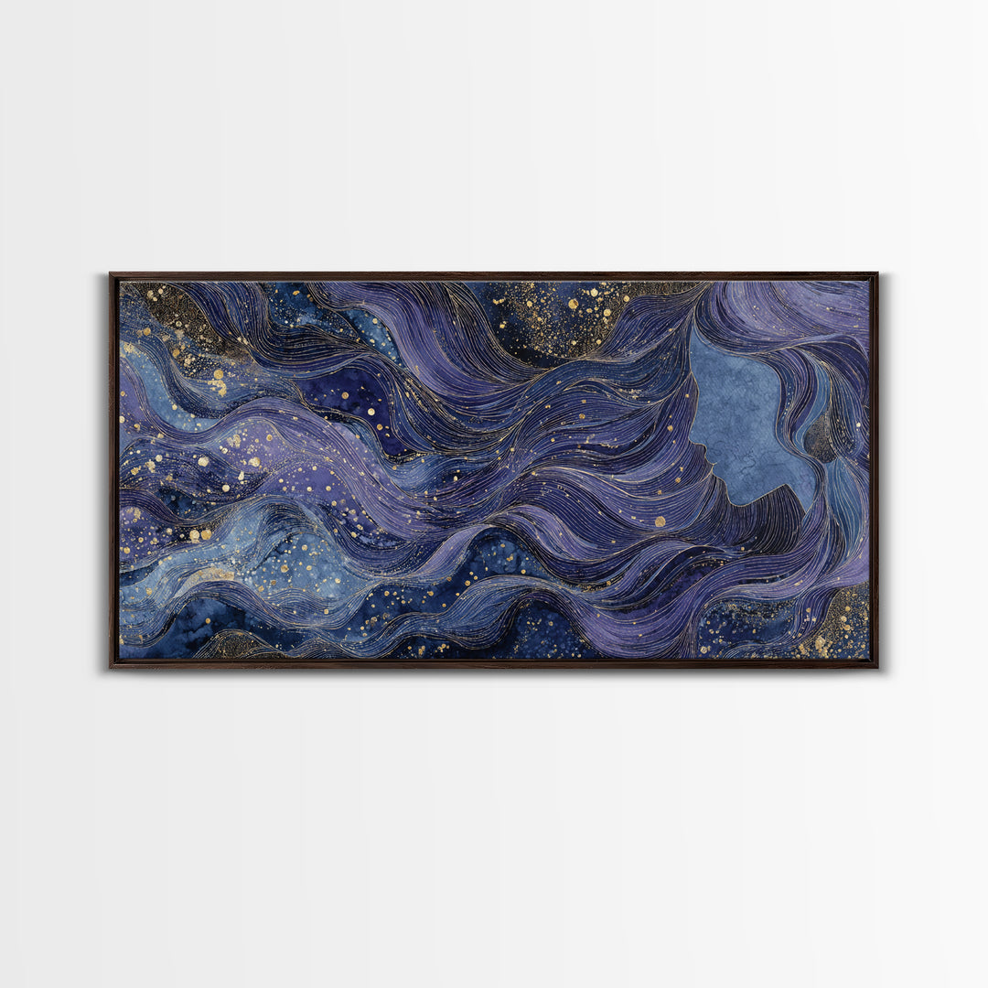 Moon Goddess with Flowing Hair and Constellations Framed Canvas Print, Astrology Art, Wall Decor, Living Room Decor, Zodiac, AST-2x1-95