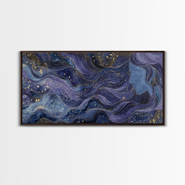 Moon Goddess with Flowing Hair and Constellations Framed Canvas Print, Astrology Art, Wall Decor, Living Room Decor, Zodiac, AST-2x1-95
