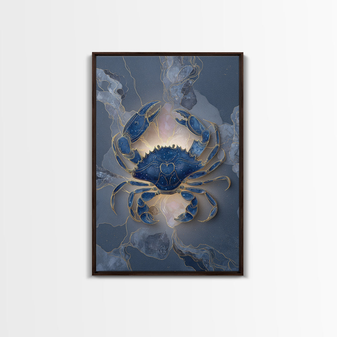 Celestial Crab under Glowing Ocean Moonlight Framed Canvas Print, Astrology Art, Neutral Decor, Living Room Decor, Zodiac, AST-2x3-24