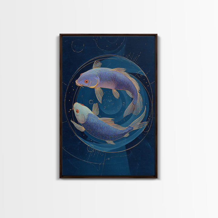 Cosmic Fish Pair Circling a Moonlit Pool Canvas Print, Astrology Art, Poster, Living Room Decor, Zodiac, Astrology Gifts, AST-2x3-31
