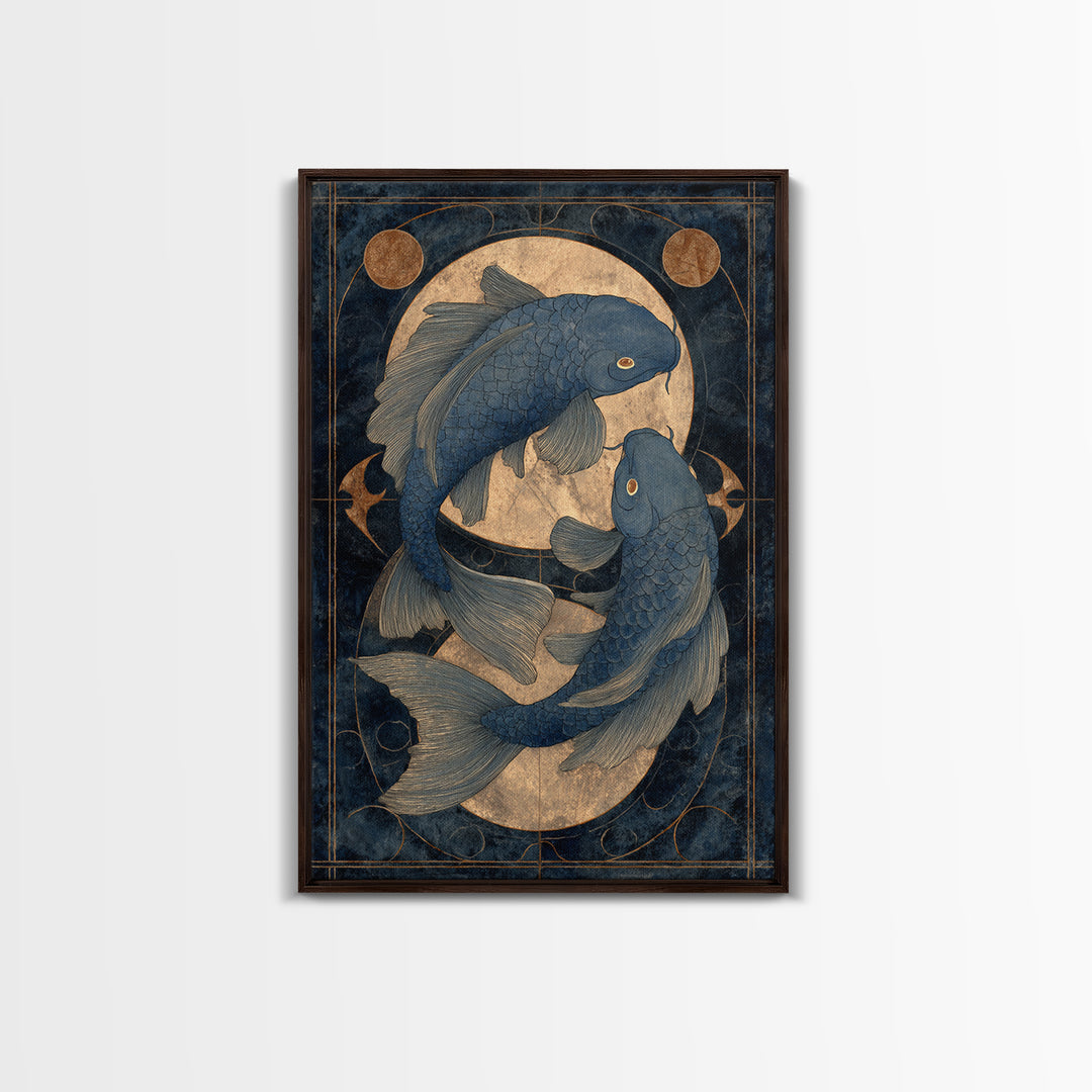 Cosmic Fish Pair Circling a Moonlit Pool Framed Canvas Print, Astrology Art, Art Nouveau, Living Room Decor, Fine Art, Zodiac, AST-2x3-55