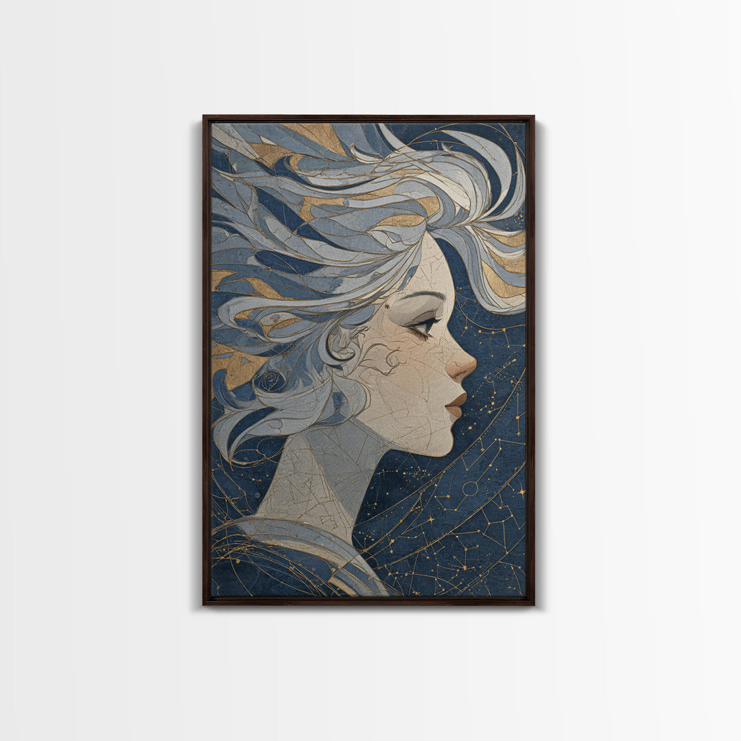 Moon Goddess with Flowing Hair and Constellations Canvas Print, Astrology Art, Astrology Gifts, Living Room Decor, Zodiac, AST-2x3-59