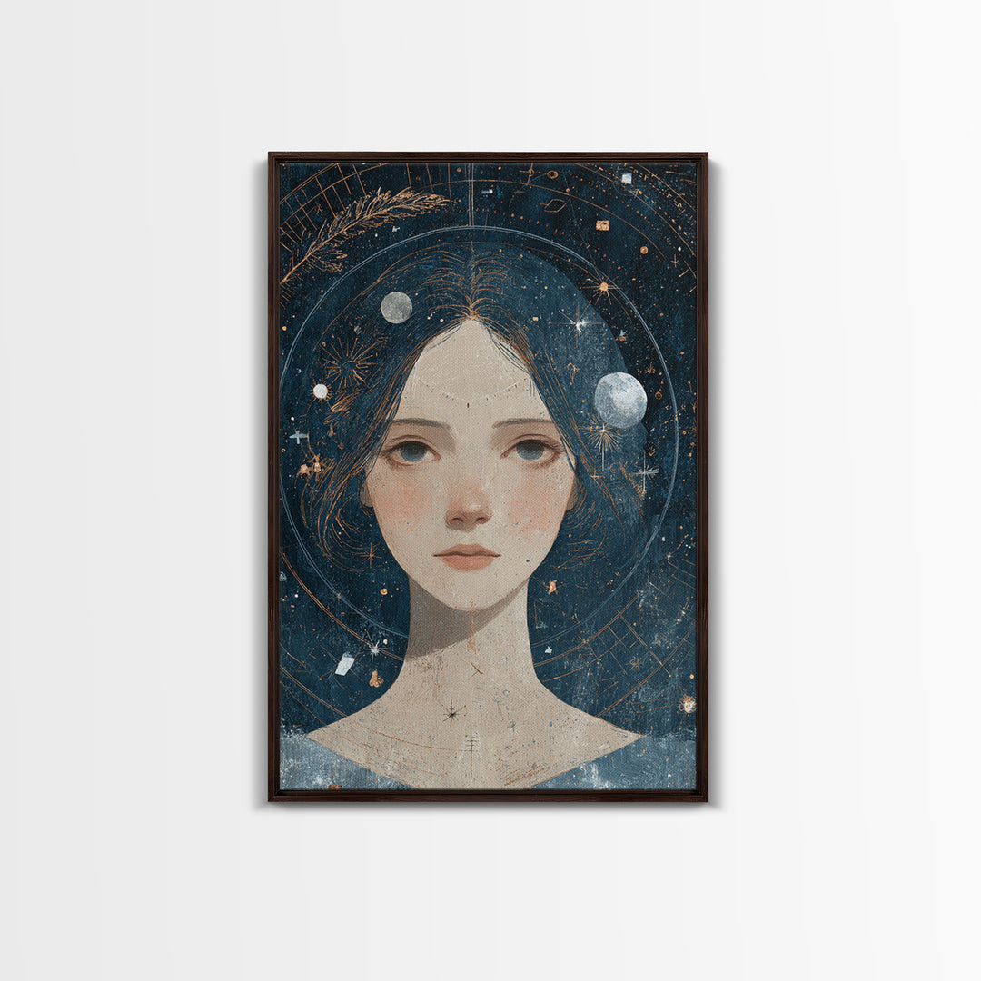 Virgo Maiden with Wheat and Blue Night Framed Canvas Print, Astrology Art, Astrology, Living Room Decor, Watercolor Art, Zodiac, AST-2x3-74