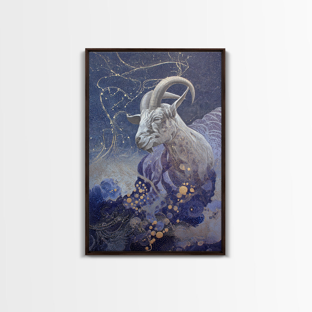 Capricorn Sea Goat Emerging from Cosmic Waves Framed Canvas Print, Astrology Art, Psychedelic Art, Living Room Decor, Zodiac, AST-2x3-75