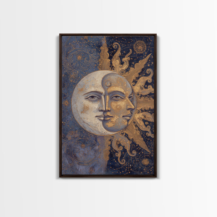 Sun and Moon Faces Framed Canvas Print, Astrology Art, Giclee Print, Living Room Decor, Fine Art, Zodiac, Fine Art Print, AST-2x3-85