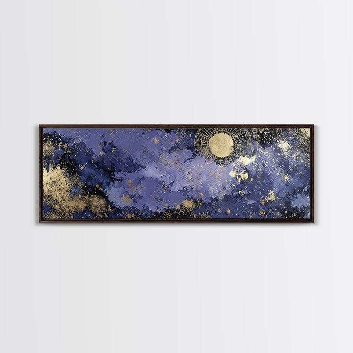 Gold Zodiac Wheel on Deep Midnight Blue Framed Canvas Print, Astrology Art, Zodiac Sign Print, Living Room Decor, Zodiac, AST-3x1-17