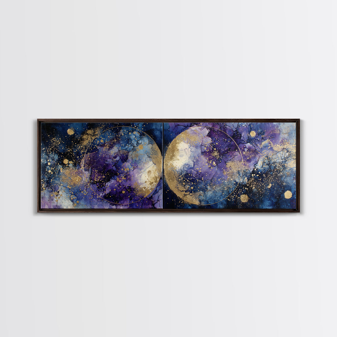 Celestial Twins Surrounded by Mirrored Moons Framed Canvas Print, Astrology Art, Wall Decor, Living Room Decor, Zodiac, AST-3x1-73