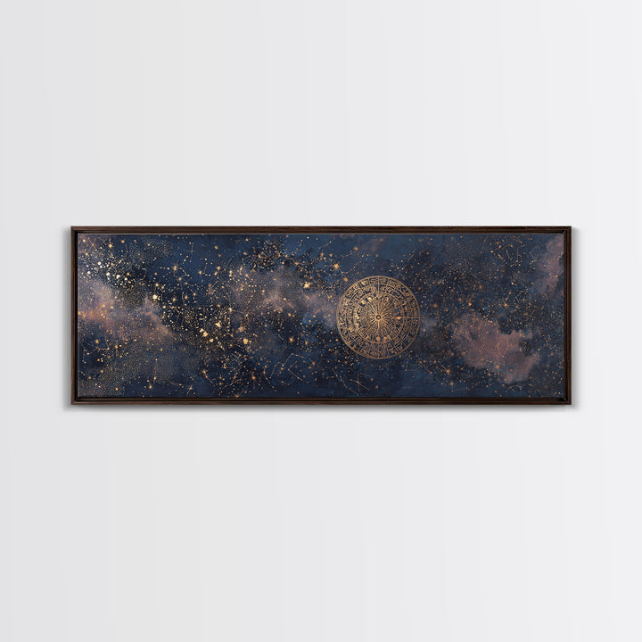 Gold Zodiac Wheel on Deep Midnight Blue Framed Canvas Print, Astrology Art, Statement Artwork, Living Room Decor, Oil Painting, AST-3x1-89