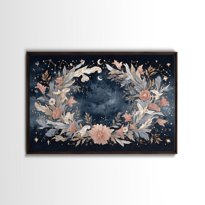 Astrological Botanical Wreath Framed Canvas Print, Astrology Art, Astronomy Art, Living Room Decor, Watercolor Art, Zodiac, AST-3x2-15