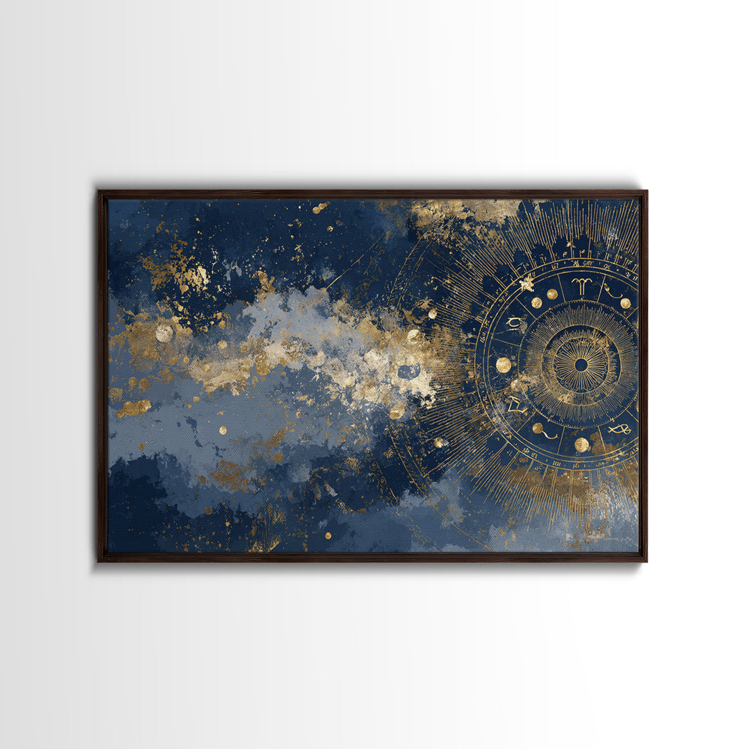 Gold Zodiac Wheel on Deep Midnight Blue Canvas Print, Astrology Art, Neutral Decor, Living Room Decor, Fine Art, Zodiac, AST-3x2-53