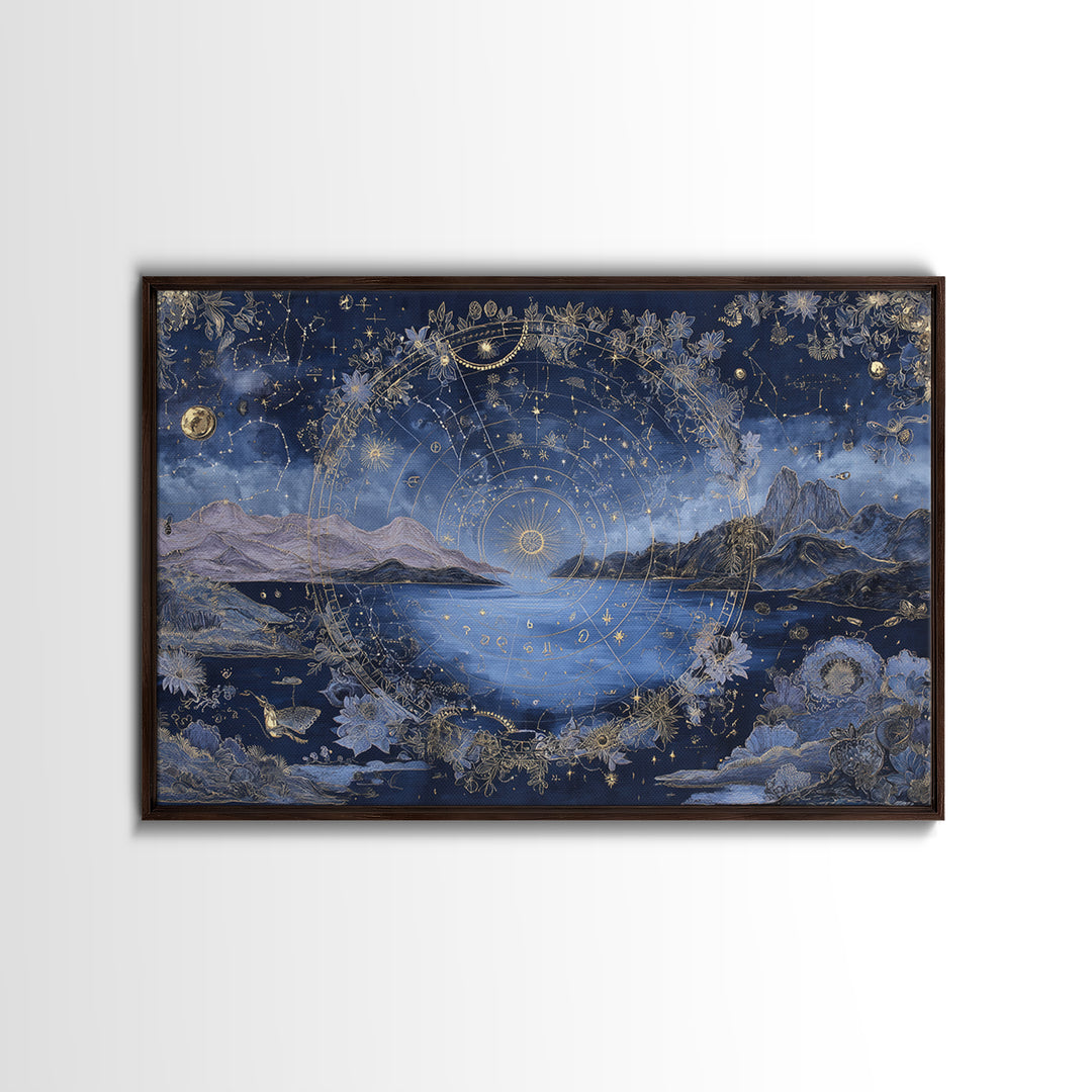 Astrological Botanical Wreath Framed Canvas Print, Astrology Art, Giclee Print, Living Room Decor, Oil Painting, Zodiac, AST-3x2-63