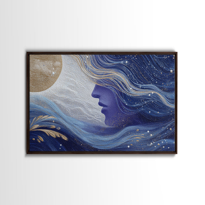 Moon Goddess with Flowing Hair and Constellations Framed Canvas Print, Astrology Art, Boho Decor, Living Room Decor, Zodiac, AST-3x2-7