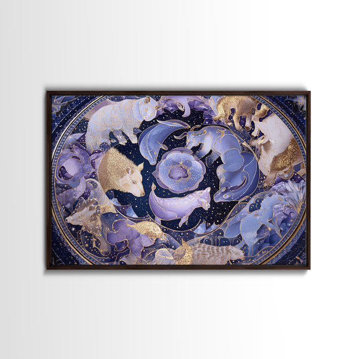 Twelve Zodiac Animals Arranged Framed Canvas Print, Astrology Art, Zodiac Sign Wall Art, Living Room Decor, Oil Painting, AST-3x2-8