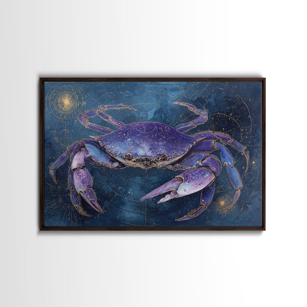 Celestial Crab under Glowing Ocean Moonlight Framed Canvas Print, Astrology Art, Art Print, Living Room Decor, Fine Art, Zodiac, AST-3x2-92