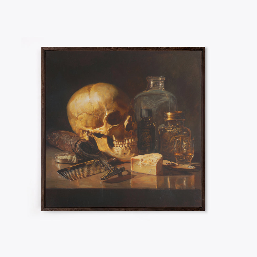 Skull with Comb and Razor in Tattoo Canvas Print, Barbershop Art, Unique Wall Art, Barbershop Decor, Oil Painting, Grooming, BAA-1x1-15
