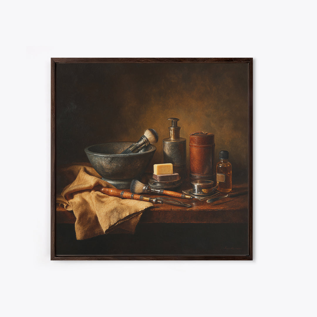 Hot Towel Shave Scene Cropped Close to Framed Canvas Print, Barbershop Art, Urban Wall Art, Barbershop Decor, Oil Painting, BAA-1x1-37