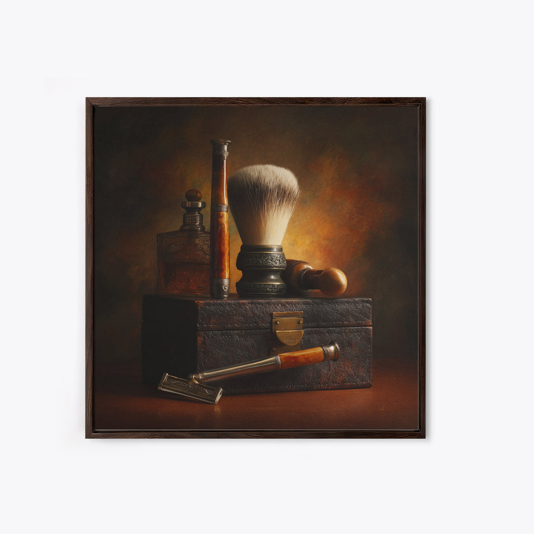 Straight Razor and Shaving Brush on Dark Canvas Print, Barbershop Art, Afrocentric Wall Art, Barbershop Decor, Grooming, BAA-1x1-50