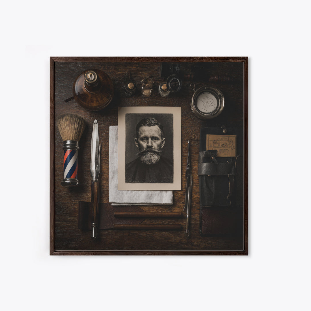 Tattooed Barber Portrait Framed Canvas Print, Barbershop Art, Downloadable Art, Barbershop Decor, Fine Art, Grooming, BAA-1x1-52