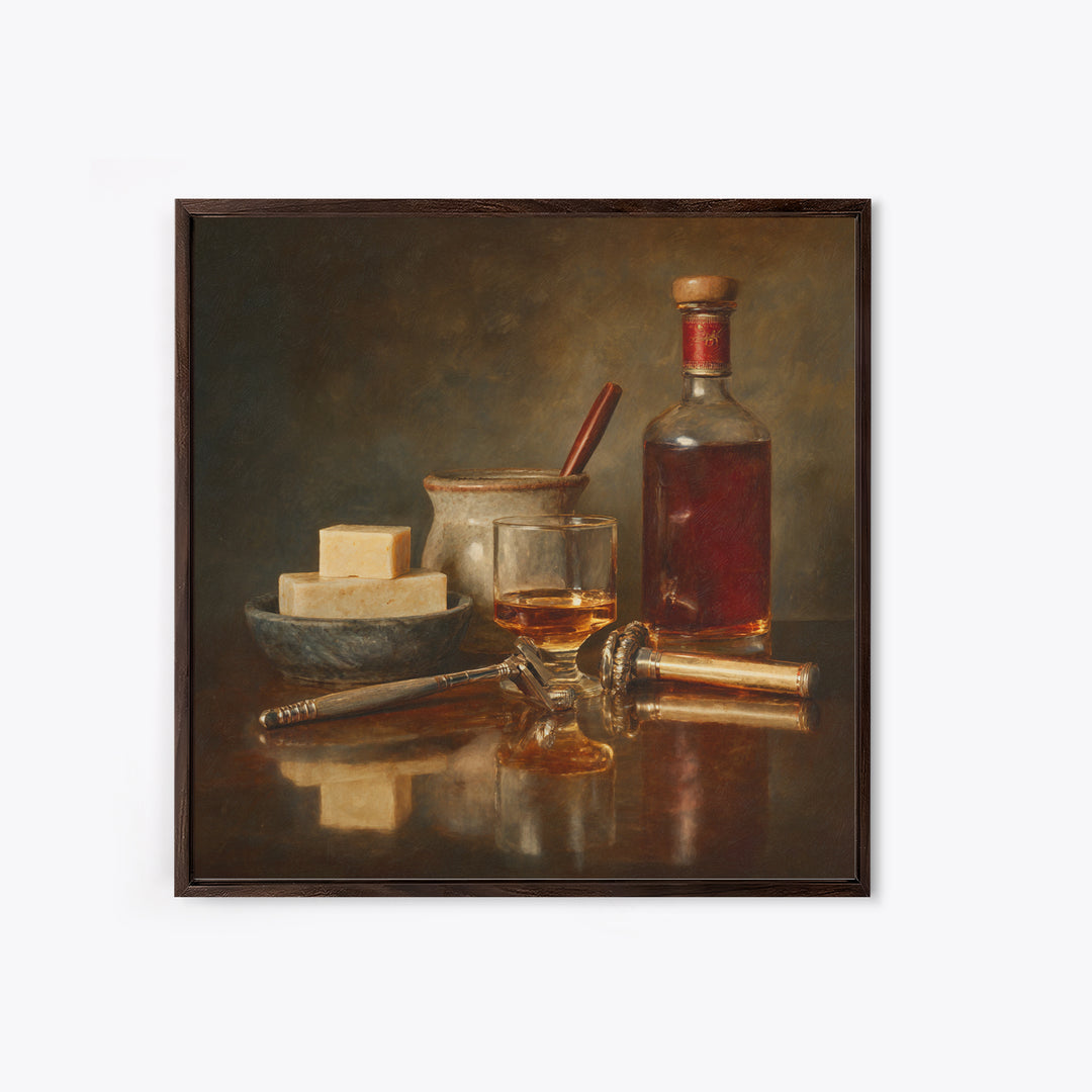 Whiskey and Straight Razor Masculine Still Life Canvas Print, Barbershop Art, Orange Wall Art, Barbershop Decor, Abstract Art, BAA-1x1-55