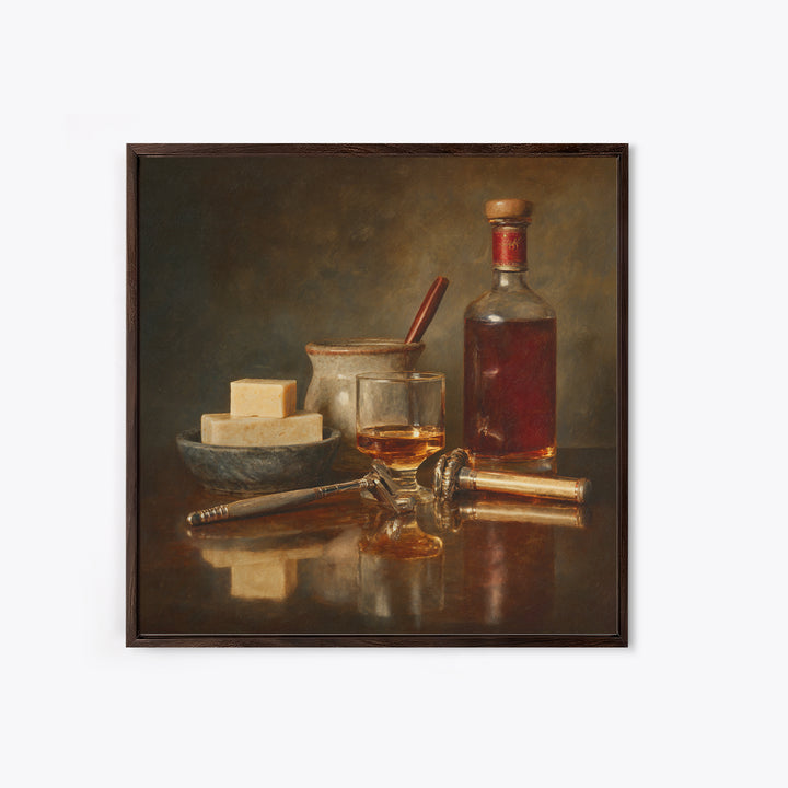 Whiskey and Straight Razor Masculine Still Life Canvas Print, Barbershop Art, Orange Wall Art, Barbershop Decor, Abstract Art, BAA-1x1-55