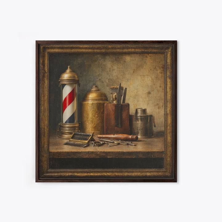 Antique Clippers and Combs on Worn Wood Framed Canvas Print, Barbershop Art, Black Man Art, Barbershop Decor, Abstract Art, BAA-1x1-57