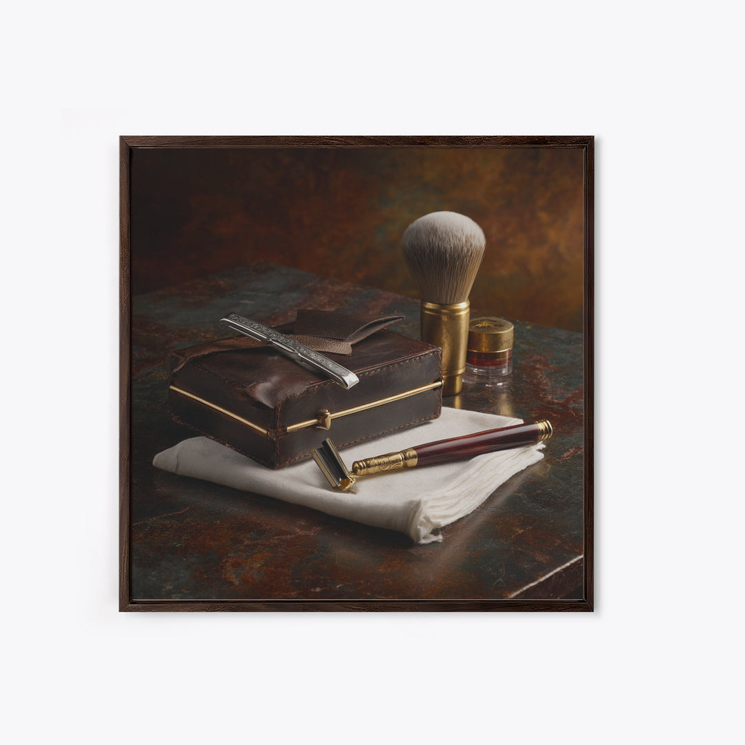 Straight Razor and Shaving Brush on Dark Framed Canvas Print, Barbershop Art, Orange Wall Art, Barbershop Decor, Grooming, BAA-1x1-74